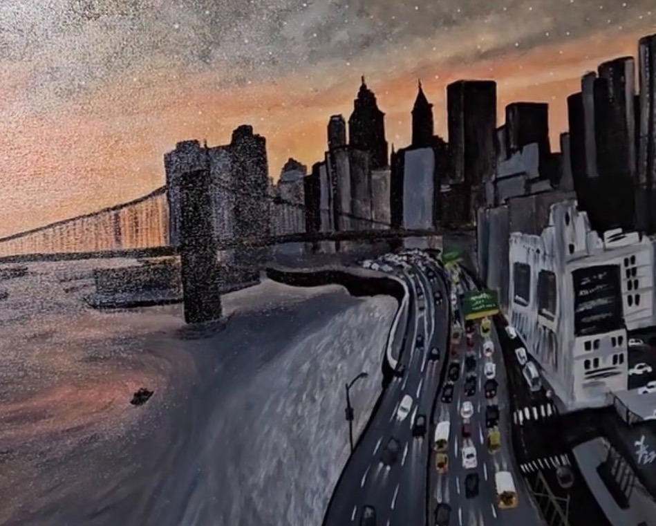 Hand-painted New York City Brooklyn Bridge skyline at dusk