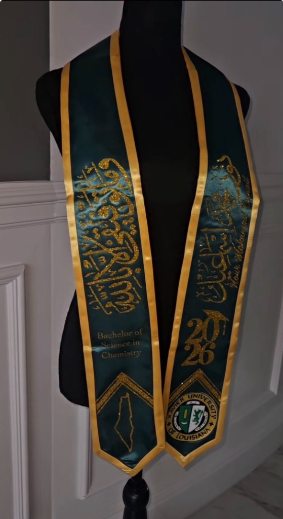 Forest green and gold graduation stole with gold Arabic calligraphy and Palestine map