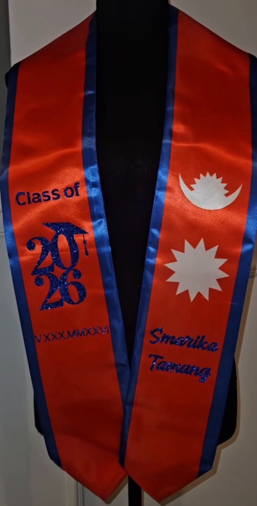 Red and blue graduation stole with Nepal flag design