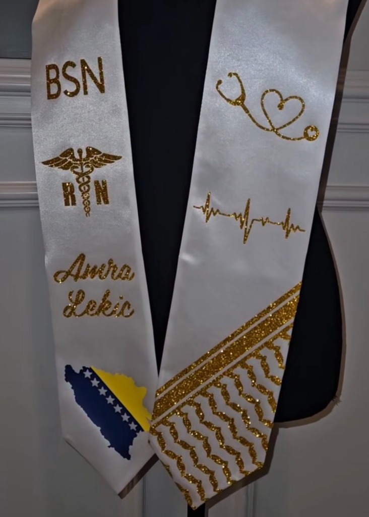 White and gold nursing graduation stole with RN caduceus and Bosnia flag